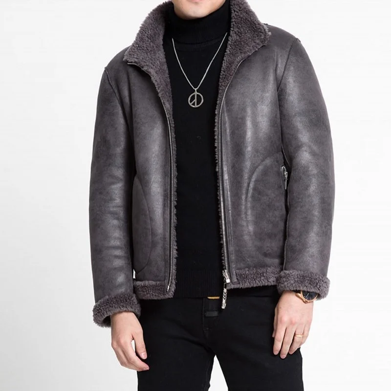 

Winter Mens Slim Fit Short Shearling Jacket Real Wool Lining Office Work Coat Biker Man Suede Leather Outwear Coats Plus Size