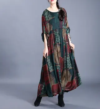

Women Simple Printed Silk Loose Dress 2020 Chinese Style Retro Round Neck Seven Point Sleeves Waist Tie Lace Elegant Long Dress