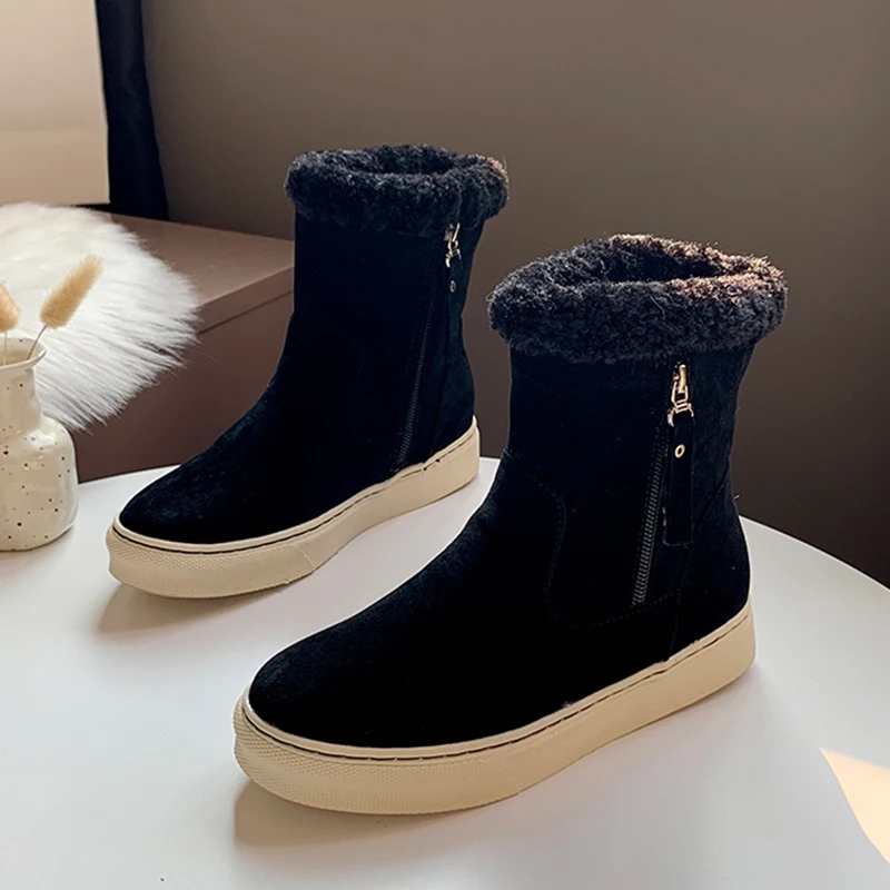 New Winter Women Boots Warm Plush Snow Boots Women Shoes Fashion Ankle Boots Soft Black Suede Boots Platform Flat Heel Boot