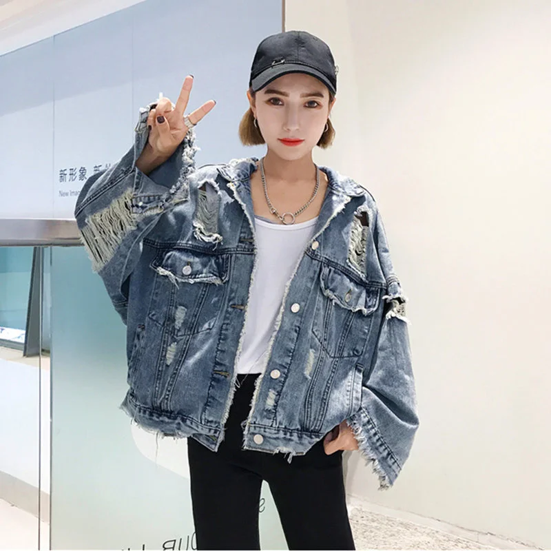 Denim Jacket Women's Cool Spring And Autumn 2021 New Korean Boyfriend Style Student Tassel Decoration Loose Ripped Jean Tops |