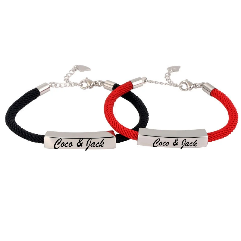 

Custome Names Black Red Rope Bracelet Sliver Color Bangles For Man Woman Customized Charms Chain Bracelet