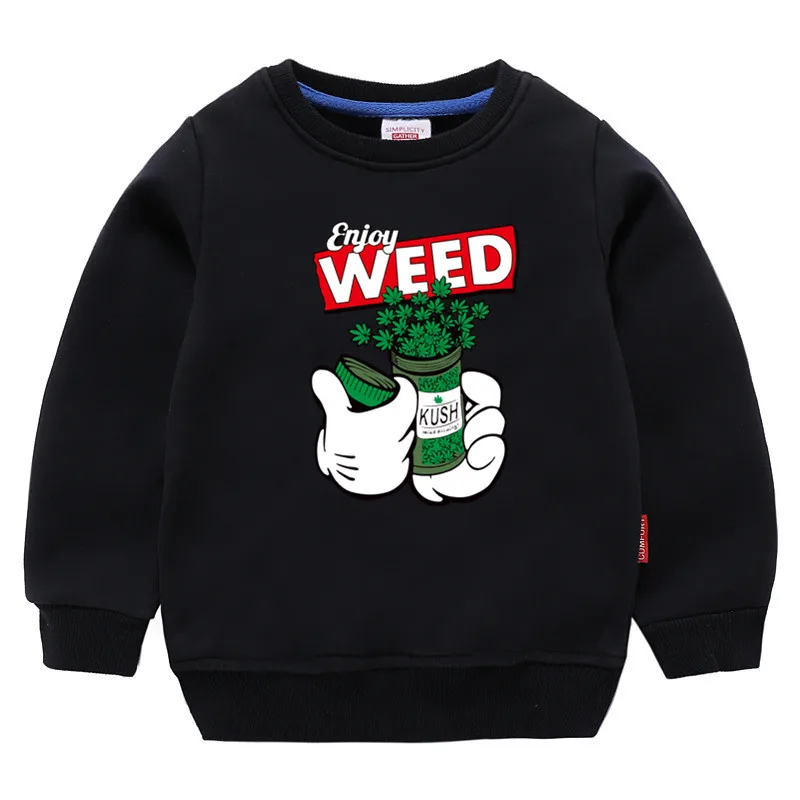 Детский хлопковый пуловер с принтом «Enjoyweed» для девочек; топы для маленьких мальчиков; осенняя одежда; толстовки для мальчиков - Цвет: T11-black