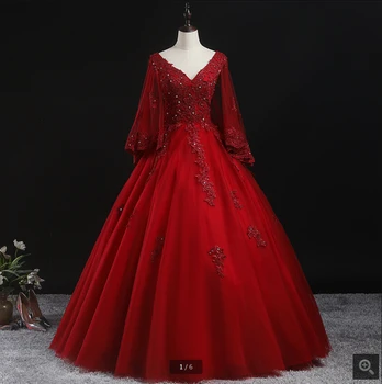

Vestido De Festa wine lace appliques ball gown prom dresses v neckline with puffy long sleeve beaded stylish prom gowns hot sale