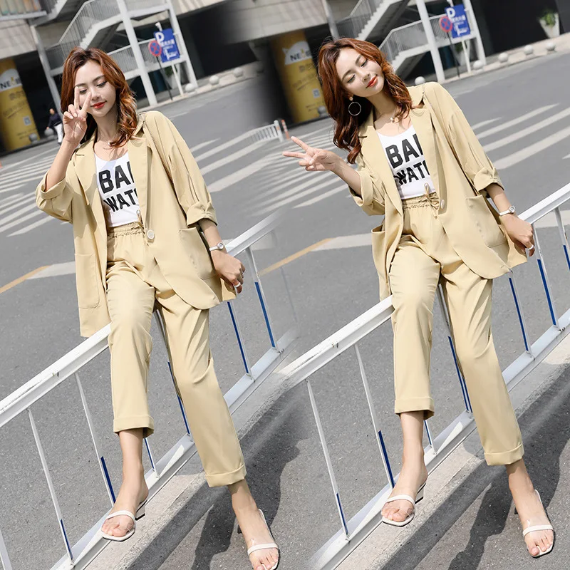 

Ozhouzhan 2019 Summer New Style Solid Color Versatile Casual WOMEN'S Suit Korean-style Fashion Simple Suit Set Western Style