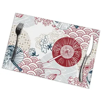 

Tableware Pad Placemats 6 PcsTable Mat Non-Slip Japanese Red Blue Fans Flower Placemats for Dining Table