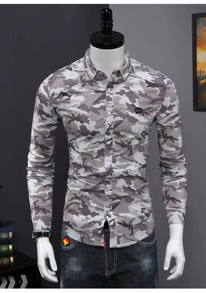 Модная камуфляжная Мужская рубашка, повседневная, Camisa Social Masculina, тонкая, легкая в уходе, Рубашки, Топы, Homme, классические рубашки для мужчин