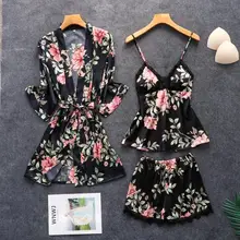 Женский Шелковый Комплект из трех предметов с принтом, тонкая сексуальная пижама с нагрудным кардиганом