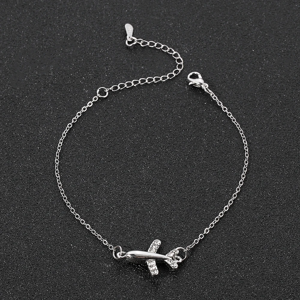 Pulsera de avión chapada en plata para mujer, Avión de circón, pulsera de cadena ajustable, joyería de lujo, regalo para niña