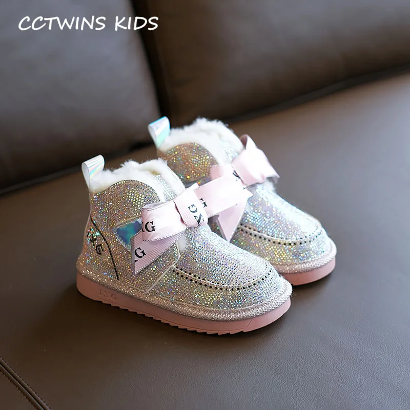 Розовый CCTWINS обувь для детей Зимние Детские Модные ботильоны, брендовый костюм для малышей с Стразы обувь для девочек с узором в виде бабочек, снег ботинки SNB189 - Цвет: Розовый