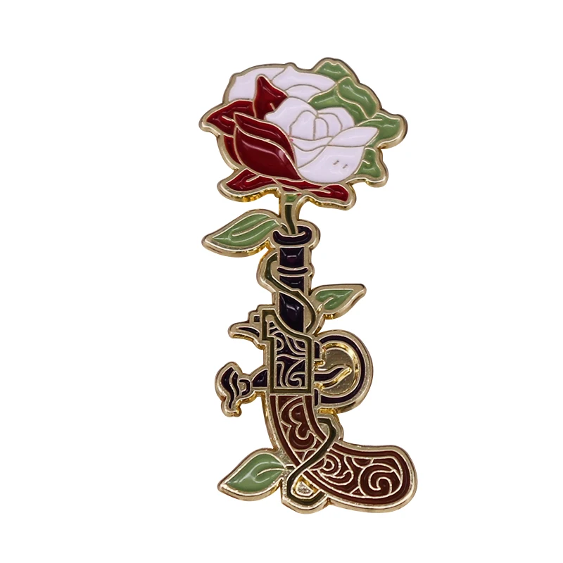 Gun With Rose Stock Brooch Shooting Pin Flowers Roses Buds Jewelry