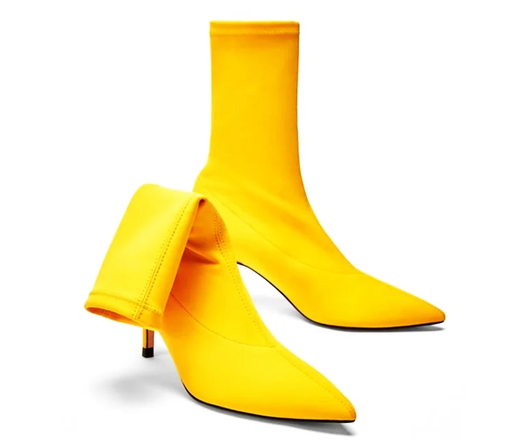 yellow Однотонные осенние ботинки в сдержанном стиле обувь из эластичной ткани с острым носком на каблуке 6,5 см без застежки Повседневные Вечерние Короткие ботинки для подиума - Цвет: yellow