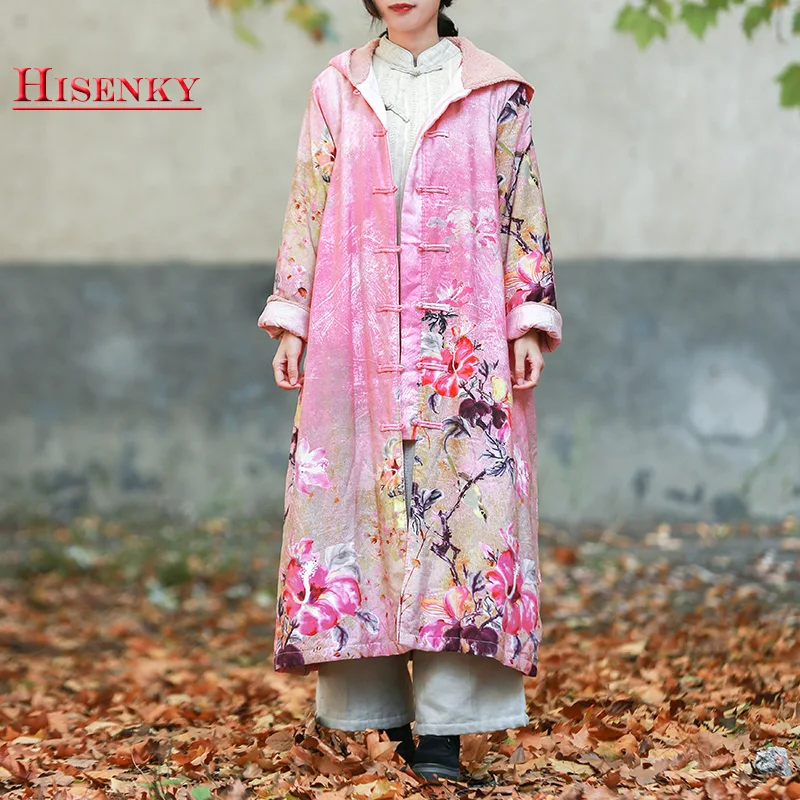 Hisenky женская теплая флисовая куртка с капюшоном винтажный китайский Тренч с цветочным принтом зимнее плотное длинное пальто ветровка