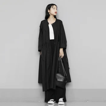 

Korea Women Black Pleated Split Big Size Shirt Dress New Round Neck Long Sleeve Loose Fit Fashion Tide Spring Autumn 2020