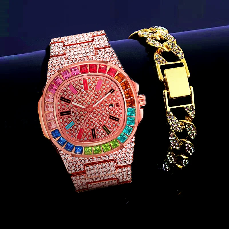 Fashion Bracelet + Watches for Men Women Luxury Binged Iced Out Watch Men Gold Cuban Chain Watch Mens Gift Set Relogio Masculino