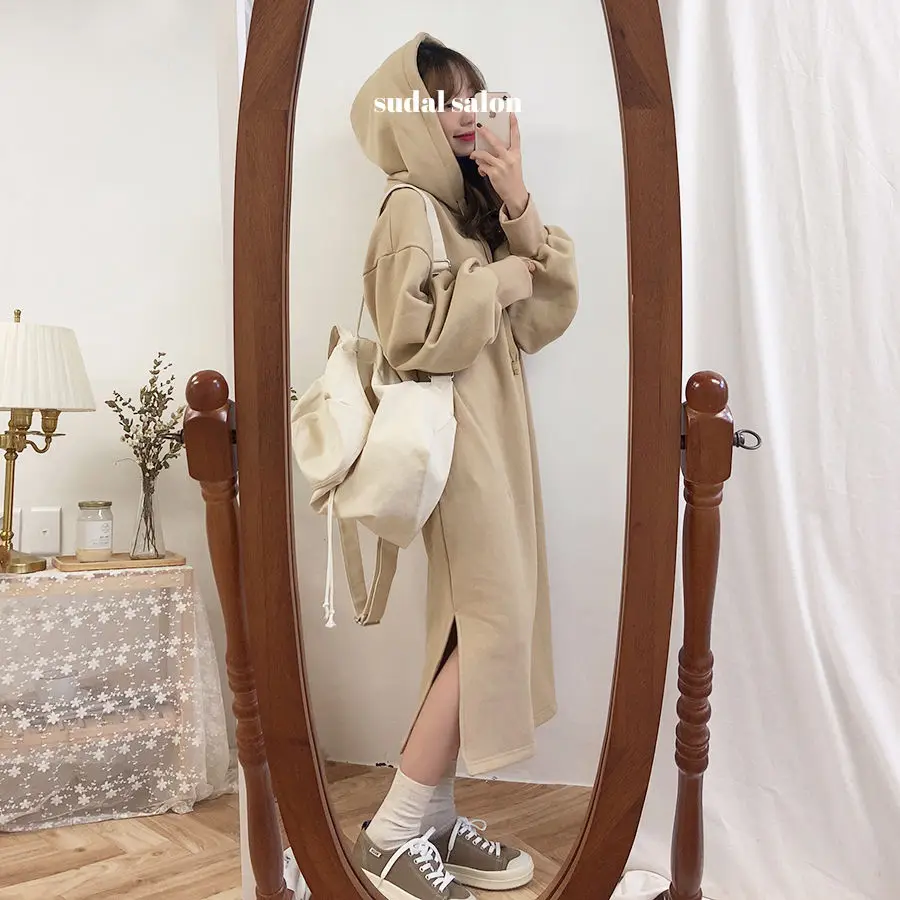 Thicker Dress Women Korean Lovely Simple Fashion Preppy Loose Spring Plus Velvet Ladies Outerwear Popular Hooded Teens Vestido vintage clothing stores