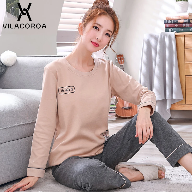Koop Herfst Winter Katoen Afdrukken Vrouwen Pyjama Ronde Hals Lange Mouw Top Lange Broek Pyjama Set Vrouw Nachtkleding Meisjes Pyjama vrouwen