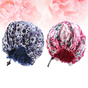 

2pcs Colorful Printing Hat Satin Sleeping Hat Lace Double Layer Head Wrap Nightcap Hair Protector for Women (Pink, Royal Blue, 1