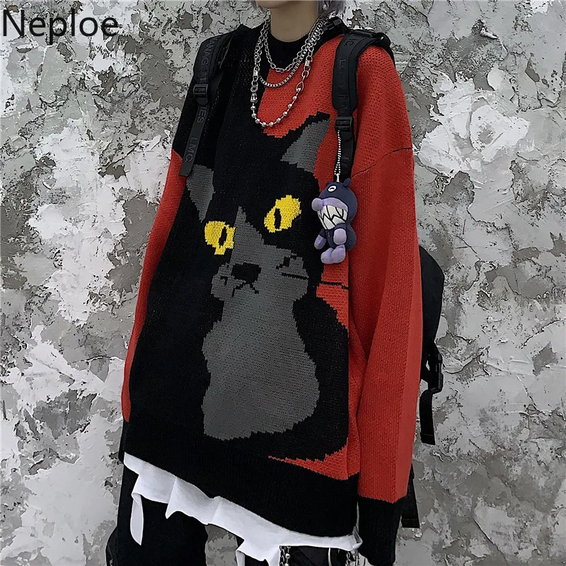 Neploe в ретро-стиле с рисунком кота из мультфильма жаккардовый пуловер, свитер Для женщин Для мужчин свободные вязаные Джемперы в Корейском стиле, куртка с длинными рукавами и Pull Femme 80272