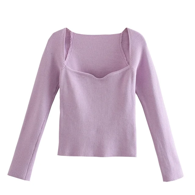 2021 New Women Knit Sweater Top Long sleeve heart-neck Casual Fashion Woman Slim-fit Tight Knitted sweaters Pullover Tops Violet