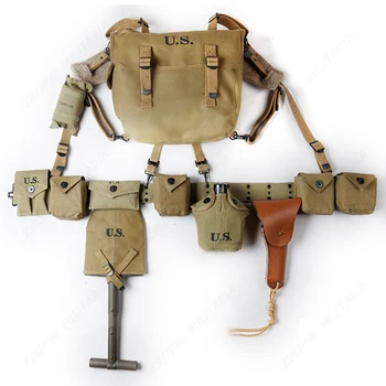 

WWII WW2 US ARMY SOLDIER EQUIPMENT COMBINATION M36 BAG X-STRAPS BELT T-SPADES WITH COVER 1911 HOLSTER KETTLE WAR REENACTMENTS