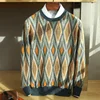 Zocept Autumn Winter New Men's Large Size Pure Wool Loose Thick O-Neck Pullovers Contrast Color Casual Knitted Cashmere Sweater 3