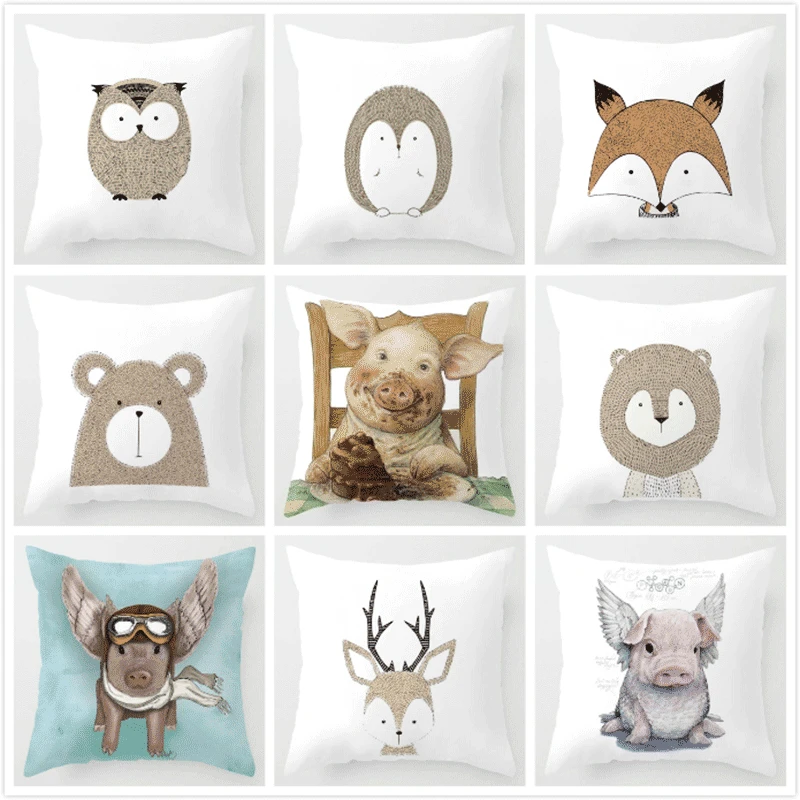 Cute Cartoon Pillow Case Pet Animal Cushion Cover Rabbit Giraffe Lion Porcupine Bear Fox Pillow Cover For Children Room Decora