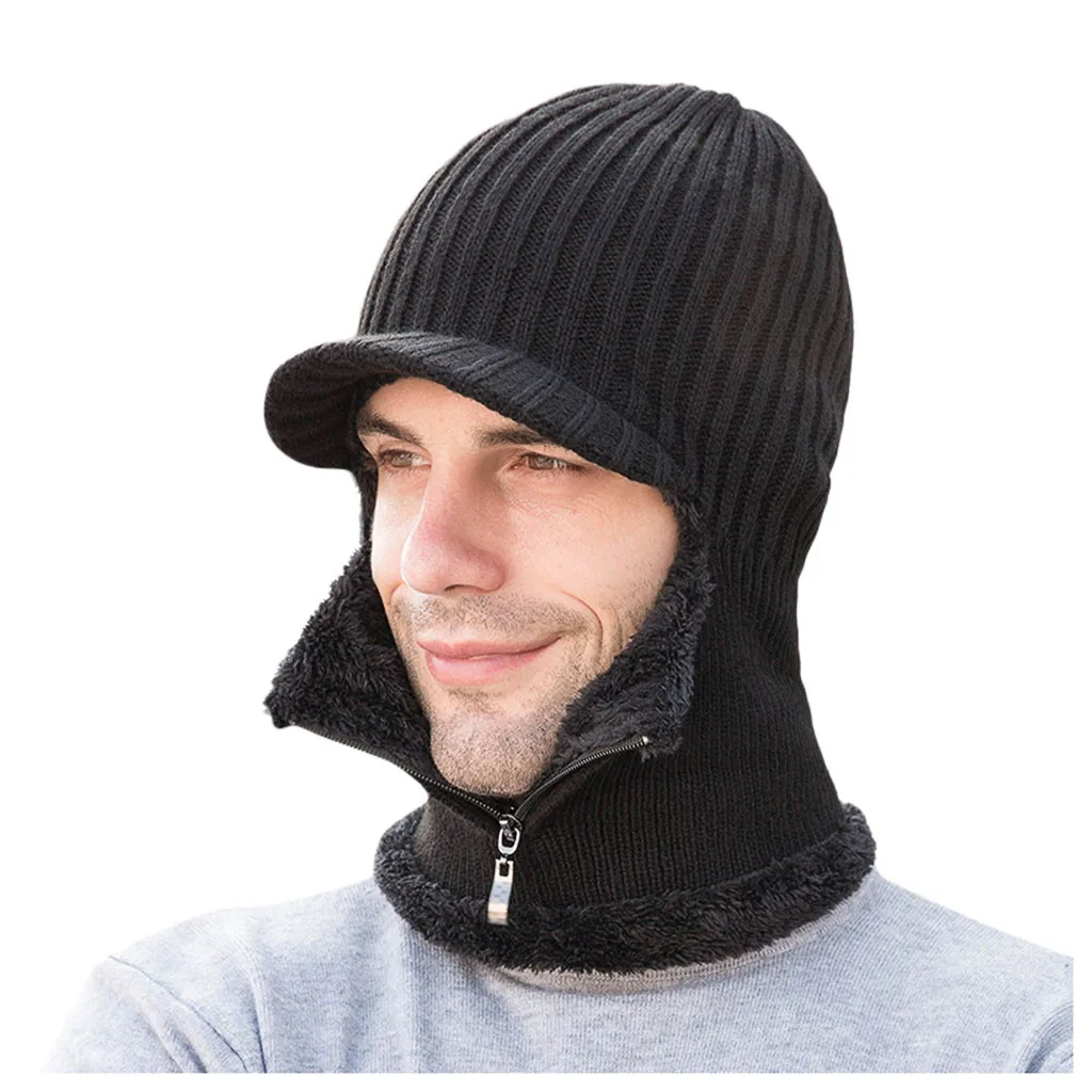 Черный Зимние шапки для мужчин Skullies Beanie, шапка, шапка для мужчин и женщин, шерстяное кольцо на шею, шарф, шапка на молнии, Балаклава, маска, шапка, вязаная шапка - Цвет: Черный
