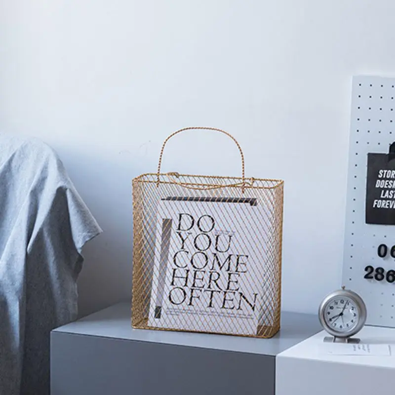 Mesh Metal Desk Storage Basket with Handle Chic Nordic Magazine Organizer Home Decoration