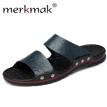 

Merkmak 2020 Summer Slippers Men Leather Slipper Male Flip Flops Beach Non-slip Shoes Man Leather Sandalias Big Size 49 Zapatos