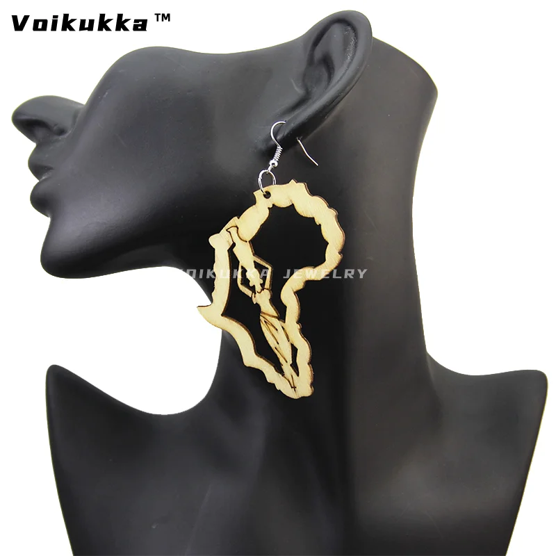 Voikukka Jewelry Laser Cutting Hollow Out Afro Map Images Of African Women High Quality Wooden Dangle Earrings For Gifts