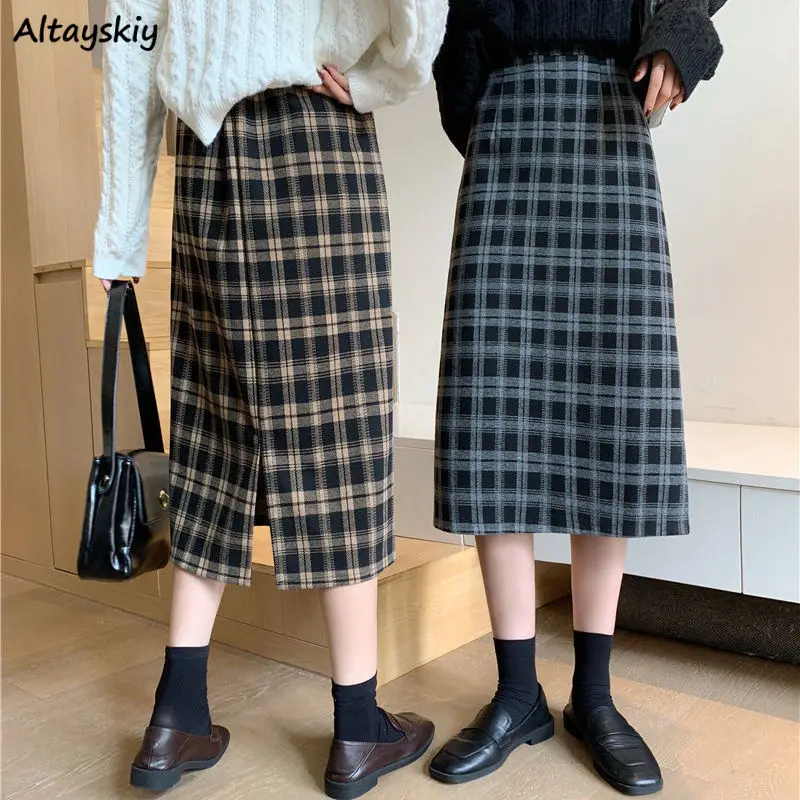 

Vintage Plaid Woolen Skirts Women High Waist Slim Back-split A-line Midi-skirt Classic Ulzzang Elegant OL Streetwear Faldas Ins