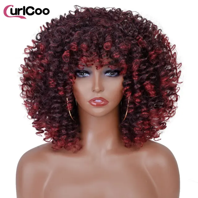 Short Afro Kinky Curly Wigs With Bangs For Black Women Synthetic Ombre Natural Heat Resistant Hair Brown Cosplay Highlight Wigs 1B-BUG