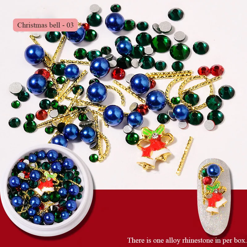 Christmas bell 03 BQAN 1 Box Christmas Nail Art Rhinestones Sequins with 1 Pc Alloy Decor Christmas Tree Christmas Elk Christmas Snowman Nail Tool - Цвет: Christmas bell 03