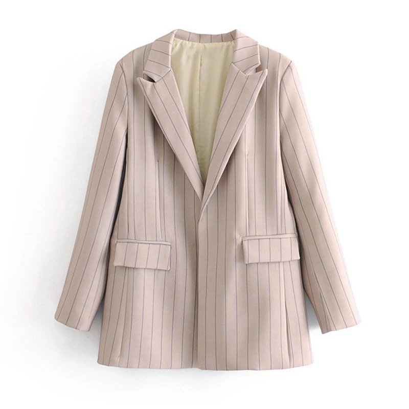 Stylish Striped Office Lady Suit Blazers Coat Women Notched Collar Long Sleeve Ladies Outerwear Chaqueta Mujer - Цвет: Хаки
