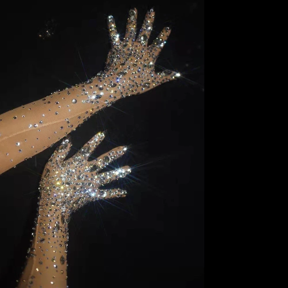 Luxurious Stretch Rhinestones Gloves Women Sparkly Crystal Mesh Long Gloves Dancer Singer Nightclub Dance Stage Show Accessories