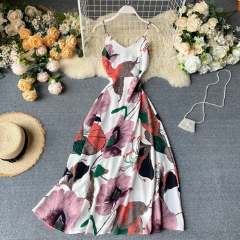 

New Summer Fashion Seaside Holiday Long Dresses Elegant V-Neck Backless Spaghetti Strap Dress Beach Style Lace-up Print vestidos