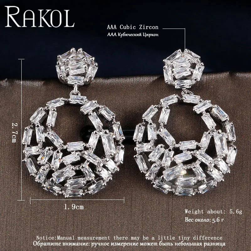 RAKOL Luxury Cubic Zircon Jewelry Bridal Earrings White with Transparent Crystal Fashion Accessories Women Models RE82045