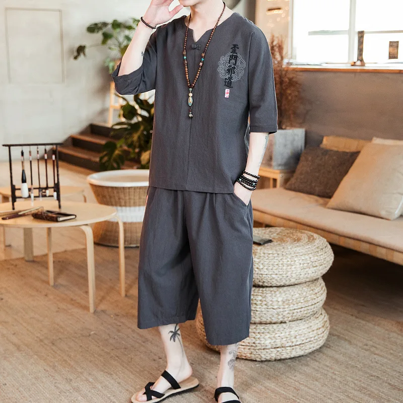 

Chinese-style Cotton Linen Set Men's 2020 Summer Short Sleeve T-shirt Ethnic-Style Embroidered Chinese Clothing Flax Casual Two-