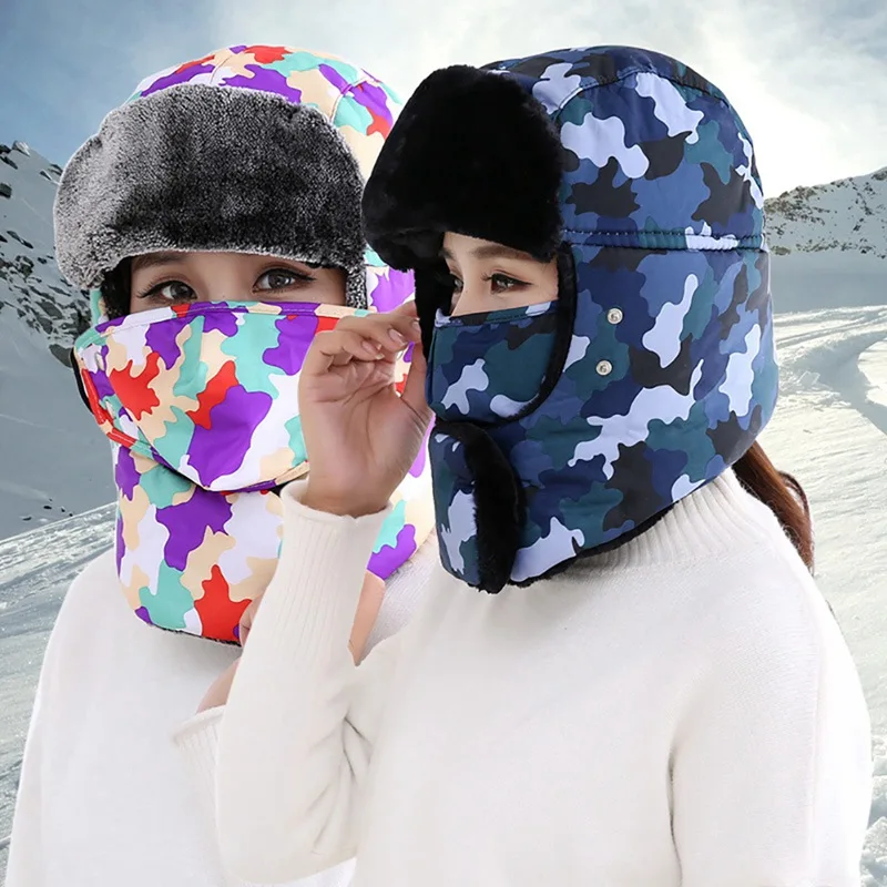 

Multipurpose Winter Outdoor Skiing Snowboarding Hiking Hunting Sports Bomber Hat Thick Fluffy Windproof Face Mask Scarf Camo Cap