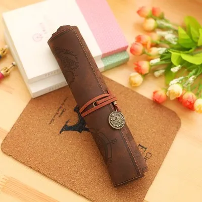 Dark Coffee Винтажный пенал для карандашей с картой сокровища, роскошный рулон, полиуретановый чехол для ручек, художественная сумка для рисования, для канцелярских принадлежностей - Цвет: Dark Coffee