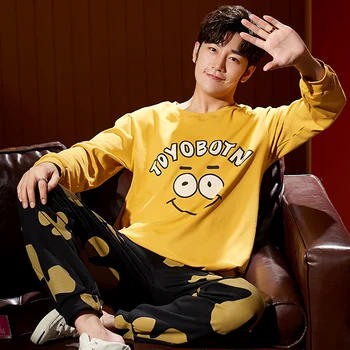 

High Quality Long Sleeve Homewear Cotton Pajama Sets for Men Autumn Winter Casual Striped O-neck Pyjama Male Lounge Clothes