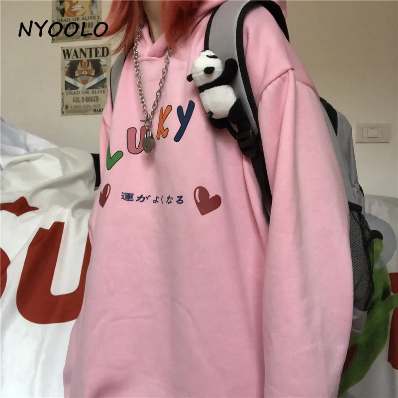NYOOLO Harajuku уличная Радуга с буквенным принтом для девочек розовые теплые флисовые толстовки осень зима с капюшоном Пуловеры Толстовка для женщин