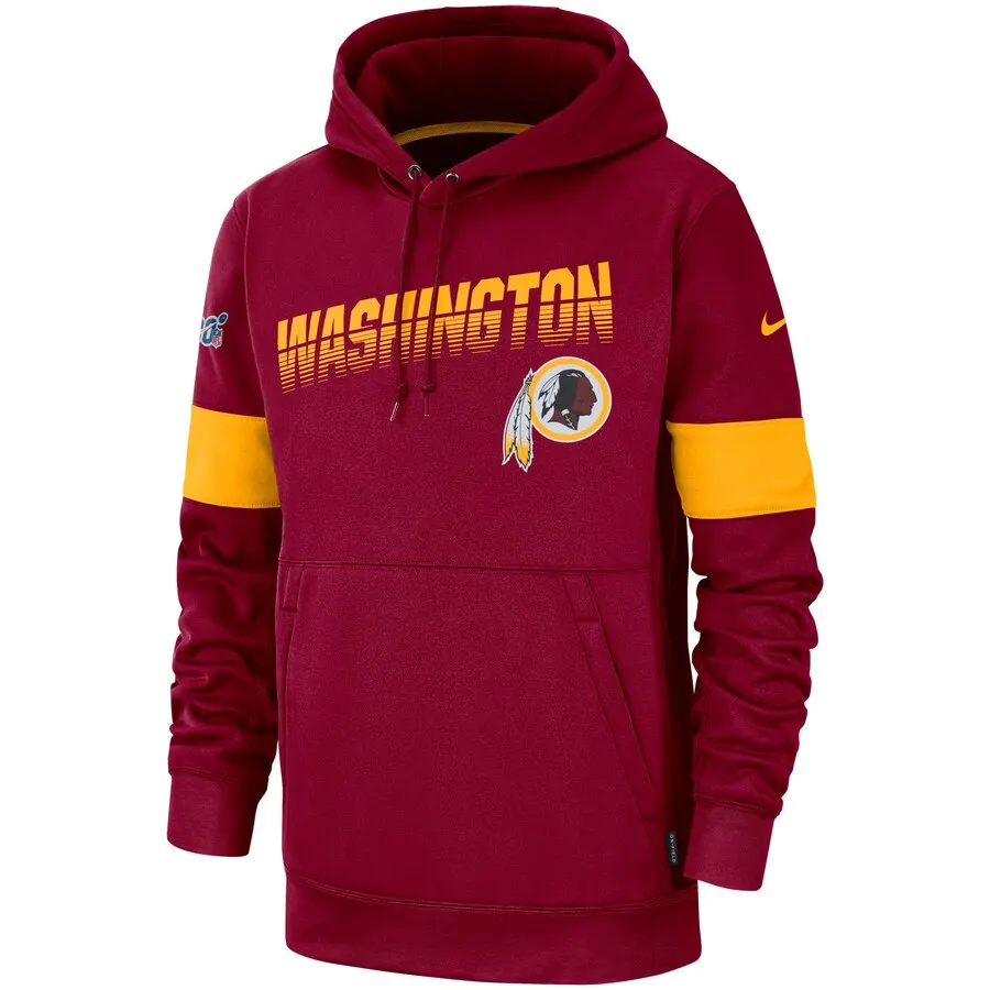 Мужская футбольная толстовка с логотипом команды Redskins 100th Sideline, пуловер с капюшоном бордового цвета