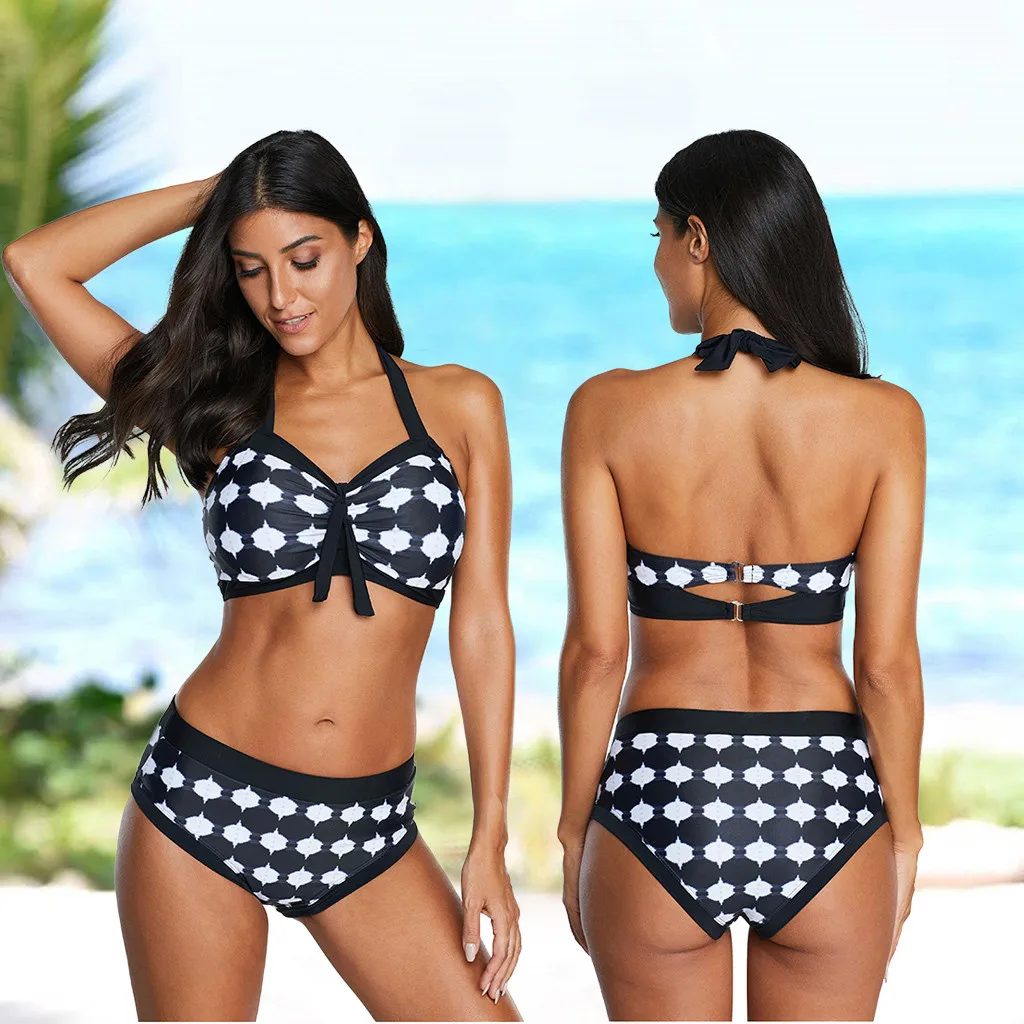 

#Z25 Women Polka Dot Print Bikini Set Halter High Waist Swimwear Women Bathing Suit Push-up Swimsuit Bikini Plus Size Bikinis