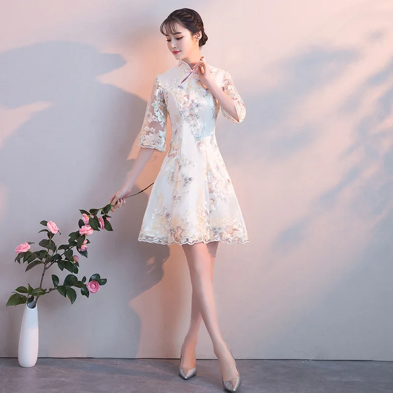 every day Qipao Sexy lace Standing collar Improved cheongsam Evening Dress Party Dress Vestidos - Цвет: Oblique shoulder