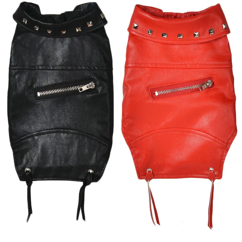 PU 가죽 강아지 재킷 레드 블랙 리벳 지퍼 강아지 옷 반팔 의류 치와와 럭셔리 코트 의상 XS