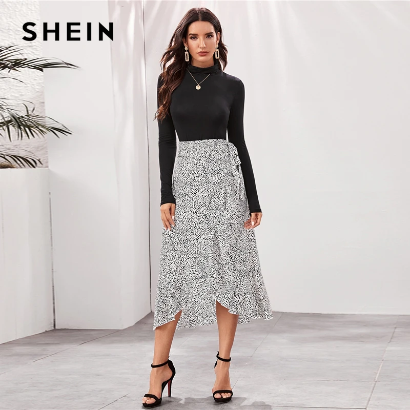 SHEIN черная и белая далматиновая Асимметричная обертка с поясом Юбка в стиле бохо женские штаны Осенняя юбка с оборками с завышенной талией юбка миди