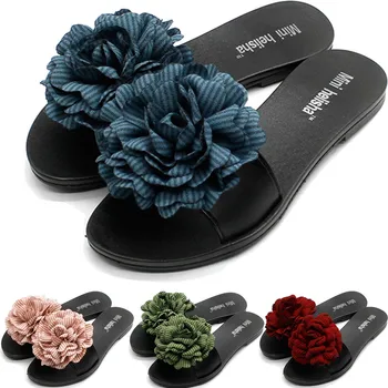 

Women Beach Slipper Summer Elegant Flat Shoes round Flower Shoes High quality Foral Stripe soft bottom Shoes Sandal Slipper #40