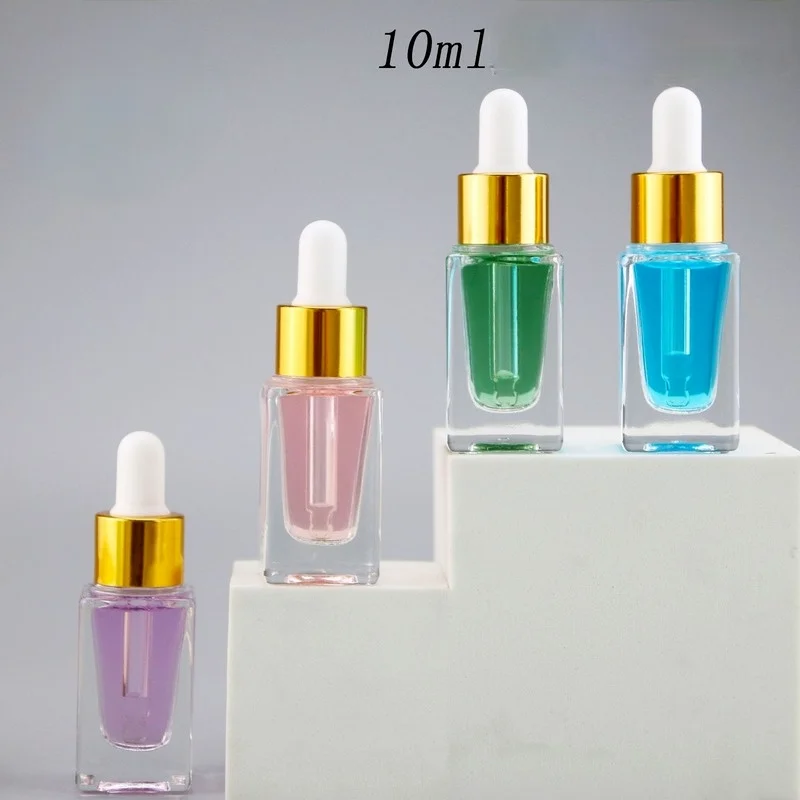 Transparent Dropper Bottle Square 10ml Glass Aromatherapy Container Dropper Bottle Gold Cover Liquid Reagent Pipette Bottle 10pcs lot 10ml transparent glass eye essential oil roll on vials metal roller ball perfume aromatherapy square glass bottle