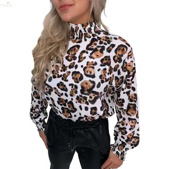 

Fashion Korean Style Womens Clothing Turtleneck Puff Full Sleeve Leopard Print T-shirts Sexy Night Club Party Tees Chiffon Tops
